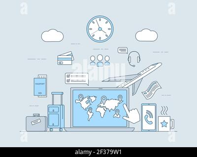 Online booking, traveling website or mobile application vector flat line concept. Laptop screen with world map and location point marks, plane, baggage, passport with tickets, credit card icons. Stock Vector