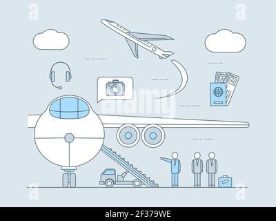 Air travel application vector outline illustration. Plane with ramp, flying plane, passports with tickets and airport staff. Online booking, traveling, transportation, or journey application concept. Stock Vector
