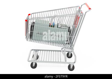 Shopping cart with ASIC miner. 3D rendering isolated on white background Stock Photo