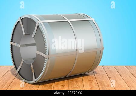 Roll of steel sheet, stainless steel coil on the wooden planks, 3D rendering Stock Photo