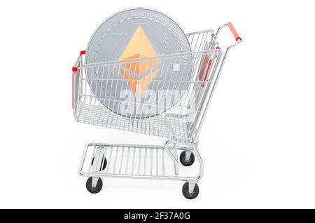 Shopping cart with ethereum. 3D rendering isolated on white background Stock Photo