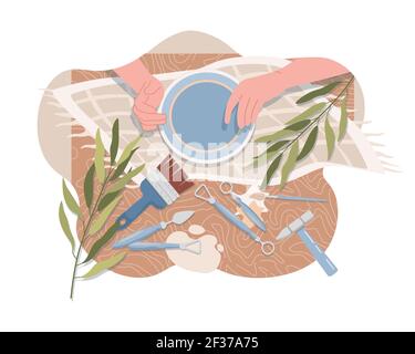 Hands making and decorating plate vector flat top view. Tools for making pottery, kitchen utensil, tableware for home decoration. Ceramic studio, pottery workshop, handcraft hobby concept. Stock Vector