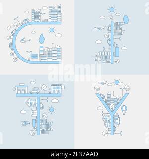 City word vector flat line illustration. Outline concept, urban landscapes with buildings, cars, planes, trucks around city word. Urban elements for website or mobile application design. Stock Vector