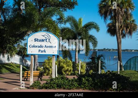 Downtown historic Stuart, FlorIda. Scenes along the streets with storefronts, restaurants and local hotels at the waterfront town in eastern Florida Stock Photo