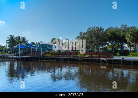 Downtown historic Stuart, FlorIda. Scenes along the streets with storefronts, restaurants and local hotels at the waterfront town in eastern Florida Stock Photo