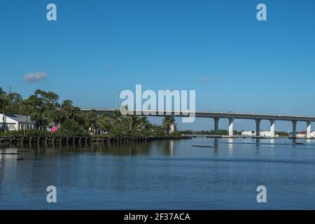 Downtown historic Stuart, FlorIda. Scenes along the streets with storefronts, restaurants and local hotels at the waterfront town in eastern Florida Stock Photo