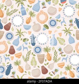 Pottery vector flat seamless pattern. Modern ceramics, plates, cups, vases, mugs. Kitchen utensil, tableware for home decoration. Porcelain and domestic plants background design. Stock Vector