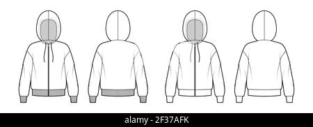 Set of Zip-up Hoody sweatshirt technical fashion illustration with long sleeves, oversized body, knit rib cuff, banded hem. Flat apparel template front, back, white color. Women, men unisex CAD mockup Stock Vector
