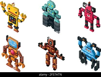 Isometric vector robot toys on white background. Set of robots and illustration friendly pixelated robot Stock Vector