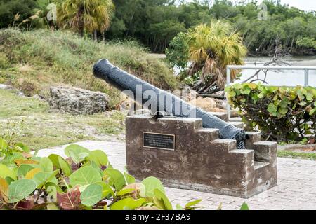 Marina and park with palm trees, grass, water in Palm Beach County, Florida part of the Florida Fish and Wildlife with sidewalk, boardwalks and bridge Stock Photo