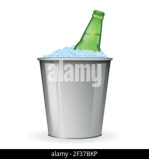 Beer on ice in metal bucket isolated on white vector. Bottle beer in ice, beverage beer in bucket with ice illustration Stock Vector