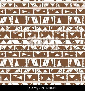 Horizontal brown white monochrome vector tribal abstract geometric border seamless pattern. Illustration contains lines, dots, triangles, rectangles l Stock Vector