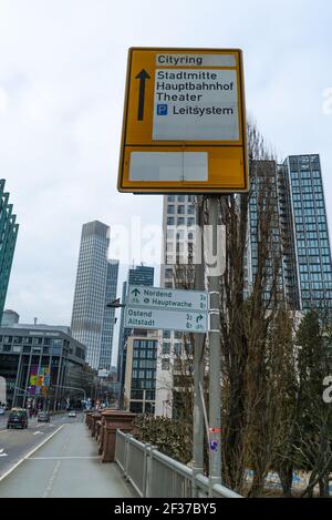 Direction signs in the city of Frankfurt Germany - CITY OF FRANKFURT, GERMANY - MARCH 11, 2021 Stock Photo