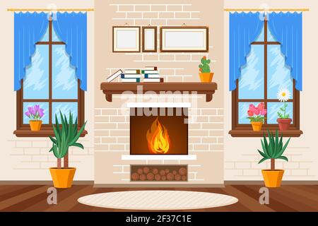 Classic living room interior with fireplace and bookshelves and house plants. Vector illustration Stock Vector