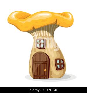 Mushroom house with door and windows. Fairytale home isolated on white background. Vector illustration Stock Vector