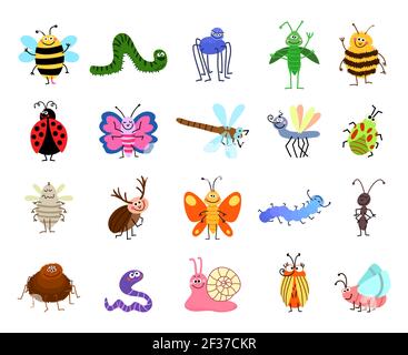 Funny bugs. Vector cute bugs and insects isolated on white background. Set of characters insects bee and caterpillar, spider and butterfly illustratio Stock Vector