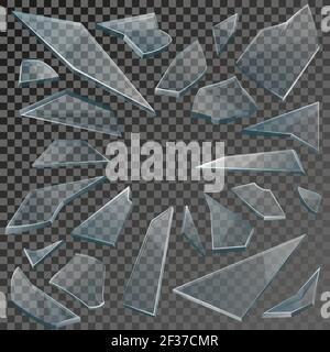 Realistic transparent shards of broken glass on checkered backdrop. Vector illustration Stock Vector