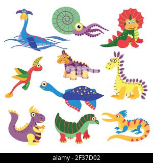 Prehistoric cute dinosaurus vector illustration isolated on white background. Set of charactes dinosaurus in colored, wild animal dinosaur Stock Vector