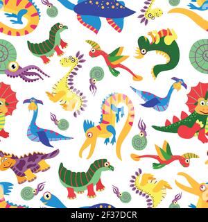 Cute baby dinosaurus pattern. Dinosaur cartoon jurassic predator vector. Children background with colored dinosaurs illustration Stock Vector