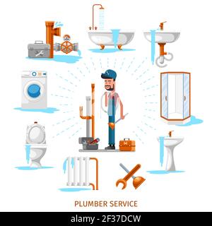Plumber or maintenance engineer at plumbing work. Service repair, vector illustration Stock Vector