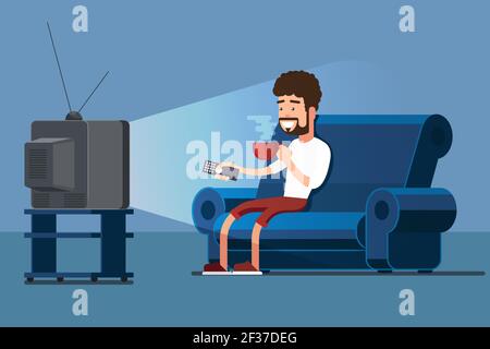 Man watches TV on sofa with coffee cup vector illustration. Watching TV and drink coffee, relax at home on couch Stock Vector