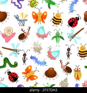 Fly and creeping cute cartoon insects vector pattern for happy kids. Background with characters insects, illustration of winged insects Stock Vector