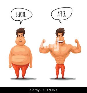 Weight loss. Man before and after diet vector illustration. Man weight loss, muscular guy after lose weight Stock Vector