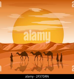 Caravan in desert vector background. Arab people and camels silhouettes in sands. Caravan with camel, camelcade silhouette travel to sand desert illus Stock Vector