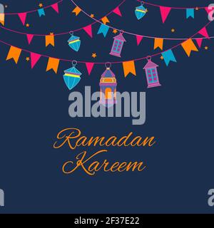 Ramadan lanterns garland pattern. Vector arabic lamps background. Poster to holiday arabic illustration Stock Vector