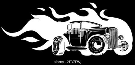 vector illustration muscle car with flames silhouette in black background Stock Vector