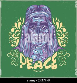 T-shirt label design with illustration of dead hippie Stock Vector