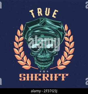 T-shirt label design with illustration of skull in a police hat and sunglasses Stock Vector