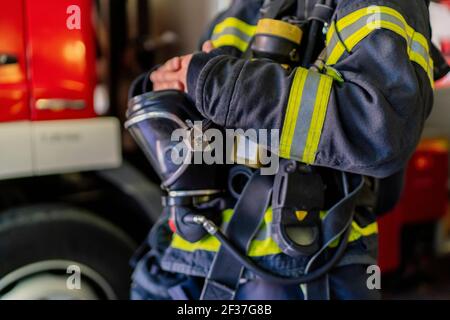 firefighter with his breathing equipment Stock Photo