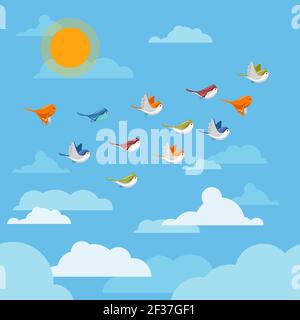 Cartoon flying birds in the sky with clouds and sun vector illustration. Group of birds in blue sky Stock Vector