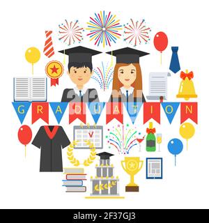 Graduation celebration party emblem isolated on white background. Graduates people in academic cap and mantle and education icons vector illustration Stock Vector