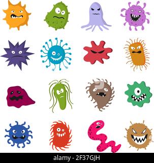 Funny cartoon cute virus and bacteria set isolated on white background. Color monster and bacteria, microbe character illustration Stock Vector