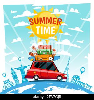 Summer car vacation poster. Vehicle on road, family travel vector illustration. Travel and journey on car transportation Stock Vector