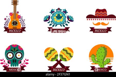 Mexico logo set. Mexican emblems or sticker vector illustration. Flower and sombrero with ribbon Stock Vector