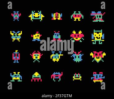 Vector pixel computer game invaders vector illustration. Color pixel monster robot character for video game Stock Vector