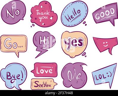 Vector sketch doodle speech bubble with communication phrases. Graphic message text, of set illustration Stock Vector