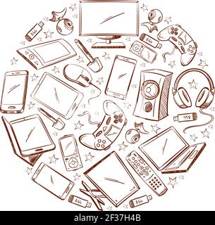 Doodle video and computer electronic device hand drawn vector illustration. Round emblem with sketch of gadget equipment Stock Vector