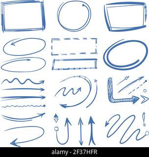 Marker circles, pointing arrows, frames doodle collection. Drawing scribble highlighter illustration Stock Vector