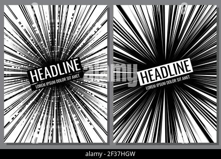 Brochure vector templates with comic speed line effect. Brochure with radial effect and place for headline illustration Stock Vector