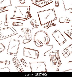 Gaming and computer device vector seamless pattern. Background with laptop, speaker and computer illustration Stock Vector