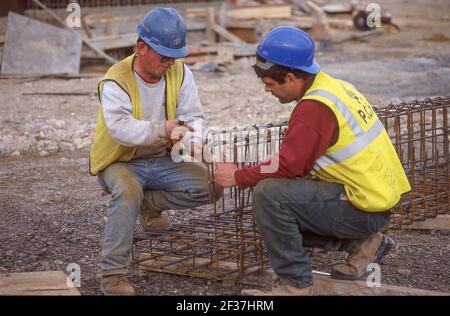 Construction workers preparing concrete steel reinforcement mesh, City of Westminster, Greater London, England, United Kingdom Stock Photo
