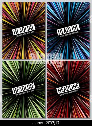 Manga speed lines grunge ray set. Vector layout for comic books. Page with radial colored effect illustration Stock Vector