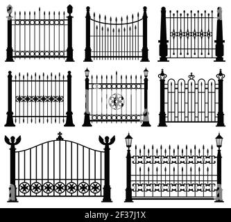 Decorative wrought fences and gates vector set. Black silhouette fence frame illustration Stock Vector