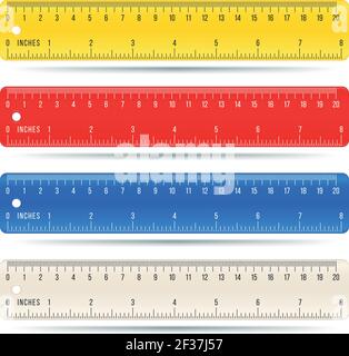 Color school measuring rulers in centimeters and inches vector set. Stationery color ruler tool illustration Stock Vector