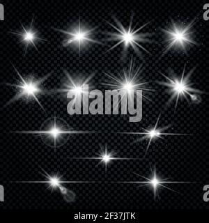 Twinkle lens flares, glare lighting vector effects. Collection of white star energy on on transparent background illustration Stock Vector