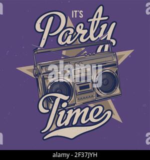 T-shirt or poster design with illustration of old school boombox Stock Vector